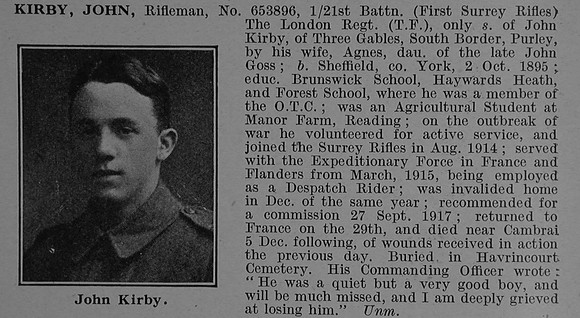 Kirby J Rfn 653896 21st London Regiment (First Surrey Rifles) Obit De Ruvignys Roll Of Honour Vol 4