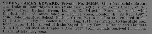 Sheen J E Pte 262956 8th Middlesex Regiment Obit De Ruvignys Roll Of Honour Vol 4
