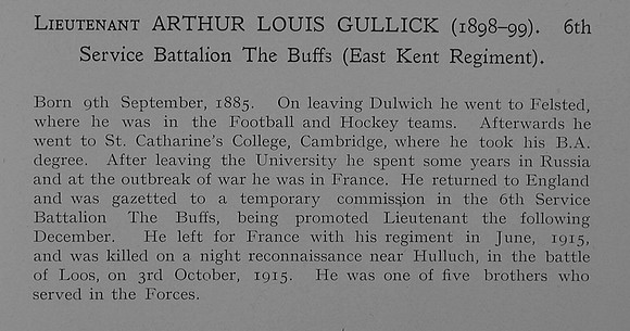Gullick A L Lt 6th East Kent Regiment Obit Dulwich College Roll Of Honour