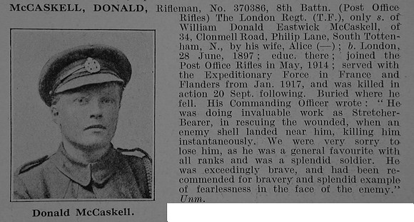 McCaskell D Rfn 370386 8th London Regiment Obit De Ruvignys Roll Of Honour Vol 5