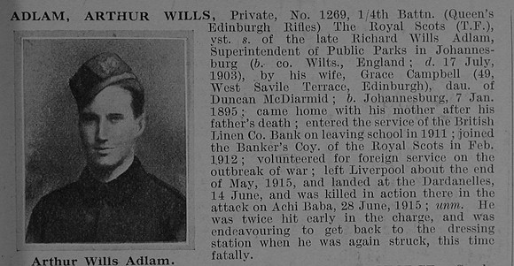 Adlam A W Pte 1269 4th Royal Scots Obit De Ruvignys Roll Of Honour Vol 1