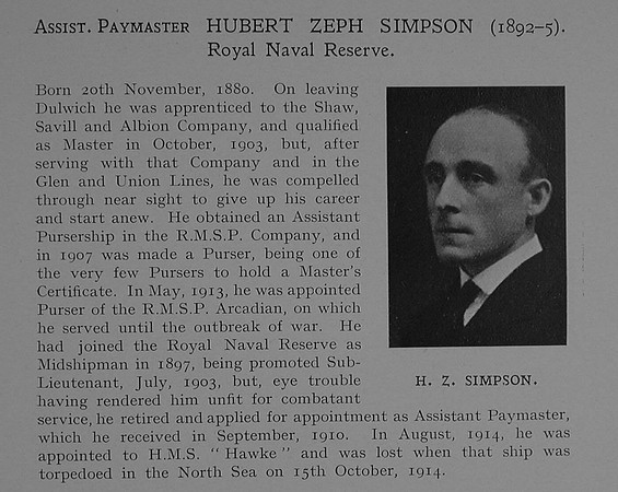 Simpson H Z Asst Paymaster H.M.S. Hawke Royal Naval Reserve Obit Dulwich College Roll Of Honour