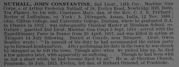 Nuthall J C 2nd Lt Machine Gun Corps Obit De Ruvignys Roll Of Honour Vol 4