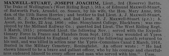 Maxwell-Stuart J J Lt 3rd Attd 9th Duke of Wellington's (West Riding Regiment) Obit De Ruvignys Roll Of Honour Vol 4