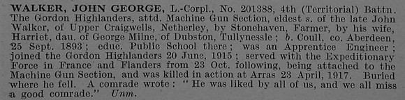 Walker J G L/Cpl 201388 4th Gordon Highlanders Obit De Ruvignys Roll Of Honour Vol 4