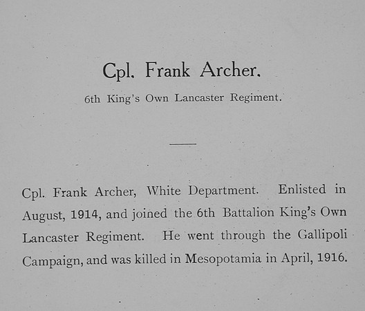 Archer F Cpl 11555 6th Kings Own Obituary William Graham & Company Record Of Service In The Great War