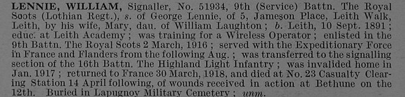 Lennie W Sig 51934 9th Royal Scots Obit De Ruvignys Roll Of Honour Vol 4