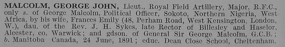 Malcolm G J Major Royal Flying Corps Obit Part 1 De Ruvignys Roll Of Honour Vol 3