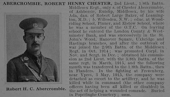 Abercrombie R H C 2nd Lt 8th Middlesex Regiment Obit De Ruvignys Roll Of Honour Vol 1