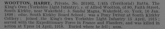 Wootton H Pte 201962 4th King's Own Yorkshire Light Infantry Obit De Ruvignys Roll Of Honour Vol 4