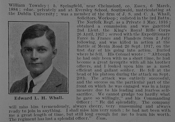Whall E L H 2nd Lt 18th King's Royal Rifle Corps Obit Part 2 De Ruvignys Roll Of Honour Vol 3