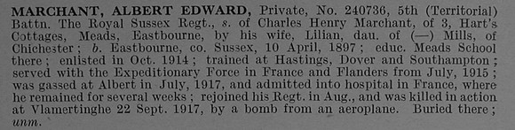 Marchant A E Pte 240736 5th Royal Sussex Regiment Obit De Ruvignys Roll Of Honour Vol 4