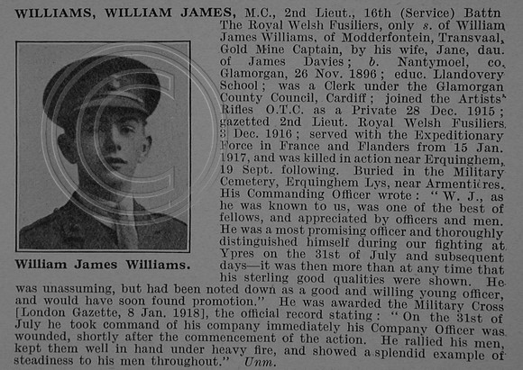 Williams W J 2nd Lt MC 16th Royal Welsh Fusiliers Obit De Ruvignys Roll Of Honour Vol 4