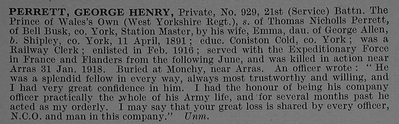 Perrett G H Pte 929 21st West Yorkshire Regiment Obit De Ruvignys Roll Of Honour Vol 4