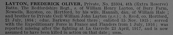 Layton F O Pte 23304 4th Bedfordshire Regiment Obit De Ruvignys Roll Of Honour Vol 4