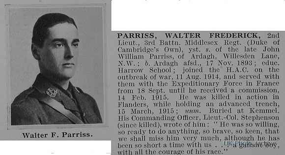 Parriss W F 2nd Lt 3rd Middlesex Regiment Obit De Ruvignys Roll Of Honour Vol 1