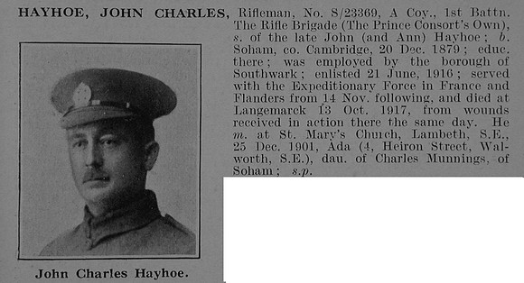 Hayhoe J C Rfn S-23369 1st Rifle Brigade Obit De Ruvignys Roll Of Honour Vol 5