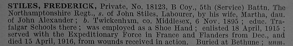 Stiles F Pte 18123 5th Northamptonshire Regiment Short Obit De Ruvignys Roll Of Honour Vol 4
