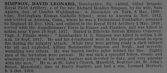Simpson D L Bmdr 140942 Royal Field Artillery Obit De Ruvignys Roll Of Honour Vol 4