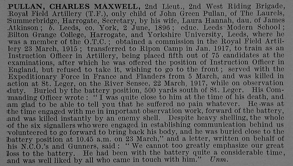 Pullan C M 2nd Lt Royal Field Artillery Obit De Ruvignys Roll Of Honour Vol 4