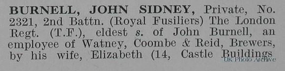 Burnell J S Pte 2321 2nd London Regiment (Royal Fusiliers) Obituary Part 1 De Ruvignys Roll Of Honour Vol 1