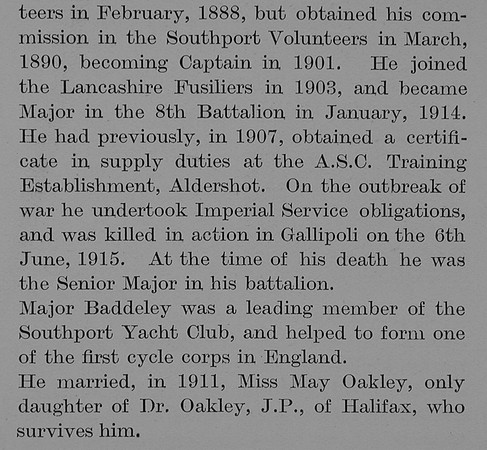 Baddeley E L Major 8th Lancashire Fusiliers Obit Part 3 The Bond Of Sacrifice Vol 2