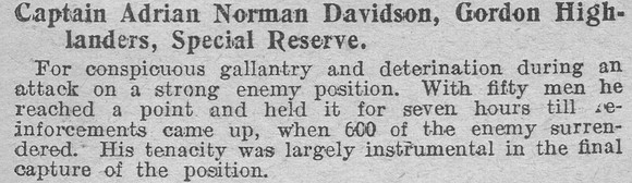 Davidson A N Captain Gordon Highlanders DSO Citation The Graphic 21st Aug 1916