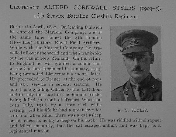 Styles A C Lt 16th Cheshire Regiment Obit Dulwich College Roll Of Honour