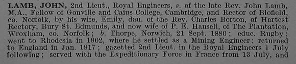 Lamb J 2nd Lt Royal Engineers Obit Part 1 De Ruvignys Roll Of Honour Vol 4
