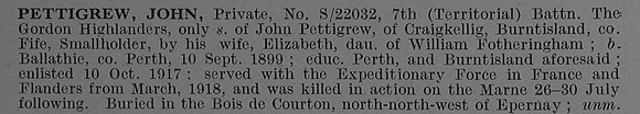 Pettigrew J Pte S-22032 7th Gordon Highlanders Short Obit De Ruvignys Roll Of Honour Vol 4
