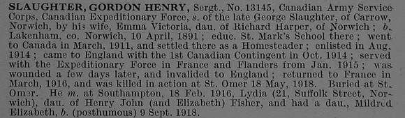 Slaughter G H Sergt 13145 Canadian Army Service Corps Obit De Ruvignys Roll Of Honour Vol 4