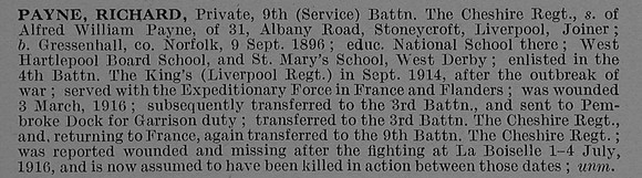 Payne R Pte 33648 9th Cheshire Regiment Obit De Ruvignys Roll Of Honour Vol 4