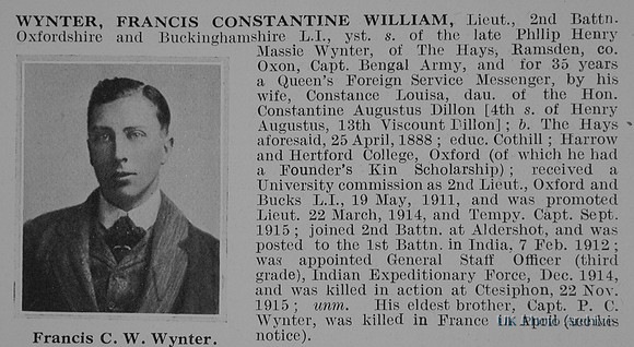 Wynter F C W Lt 2nd Oxford Bucks Light Infantry Obit De Ruvignys Roll Of Honour Vol 1