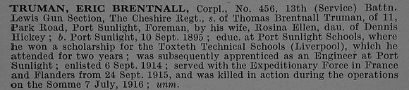 Truman E B Cpl 456 13th Cheshire Regiment Obit De Ruvignys Roll Of Honour Vol 4
