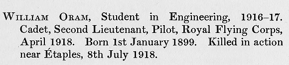 Oram W 2nd Lt Royal Flying Corps Obit St Andrews University Roll Of Honour