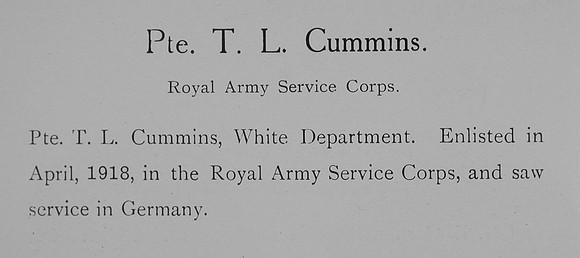 Cummins T L Pte Army Service Corps Service Wiliiam Graham Co Roll Of Honour