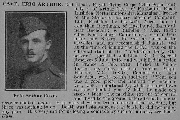 Cave E A 2nd Lt Royal Flying Corps Obit