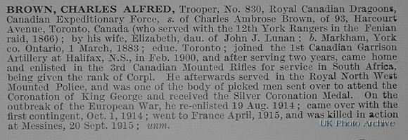 Brown C A Tpr 830 Royal Canadian Dragoons Obituary De Ruvignys Roll Of Honour Vol 1