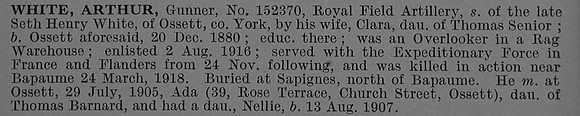 White A Gnr 152370 Royal Field Artillery Obit De Ruvignys Roll Of Honour Vol 4