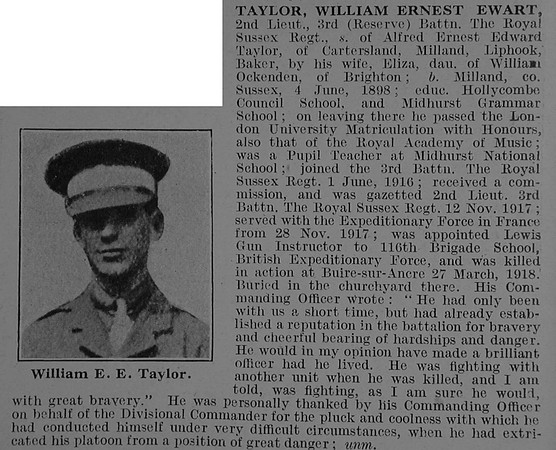 Taylor W E E 2nd Lt 3rd Attd 13th Royal Sussex Regiment Obit De Ruvignys Roll Of Honour Vol 3