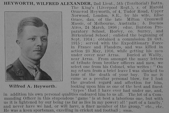 Heyworth W A 2nd Lt 5th Kings Liverpool Regiment Obit De Ruvignys Roll Of Honour Vol 3