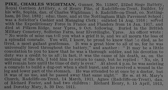 Pike C W Gnr 113807 Royal Garrison Artillery Obit De Ruvignys Roll Of Honour Vol 4