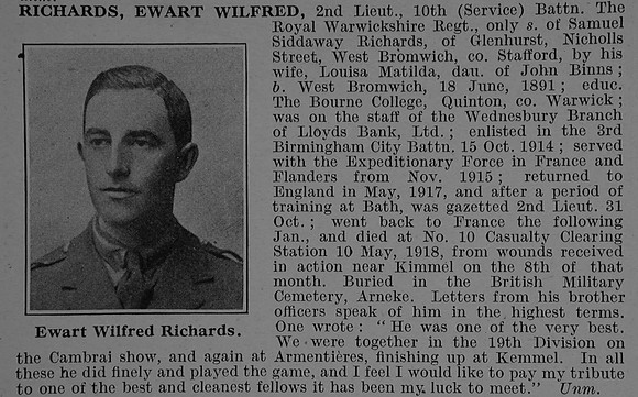 Richards E W 2nd Lt 10th Royal Warwickshire Regiment Obit De Ruvignys Roll Of Honour Vol 4