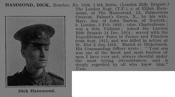 Hammond D Bomber 1336 5th London Regiment (London Rifle Brigade) Obit De Ruvignys Roll Of Honour Vol 5