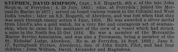 Stephen D S Captain SS Hogarth Mercantile Marine Obit De Ruvignys Roll Of Honour Vol 4