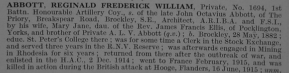 Abbott R F W Pte 1694 1st Honourable Artillery Company Obit De Ruvignys Roll Of Honour Vol 2
