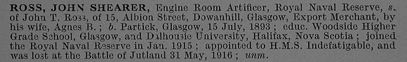 Ross J S Engine Room Artificer 1688EA H.M.S. Indefatigable Royal Naval Reserve Short Obit De Ruvignys Roll Of Honour Vol 4