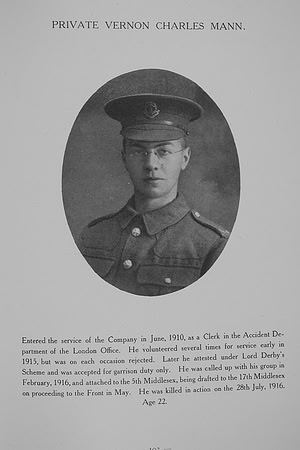 Mann V C Pte G-12292 17th Middlesex Regiment Northern Assurance Co War Record