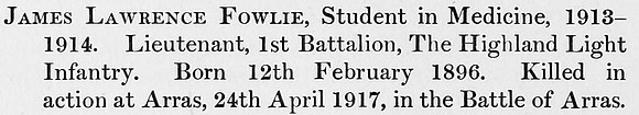 Fowlie J L Lt 1st Highland Light Infantry Obit