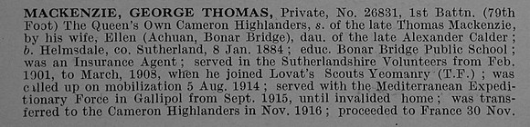 MacKenzie G T Pte 26831 1st Cameron Highlanders Obit Part 1 De Ruvignys Roll Of Honour Vol 4
